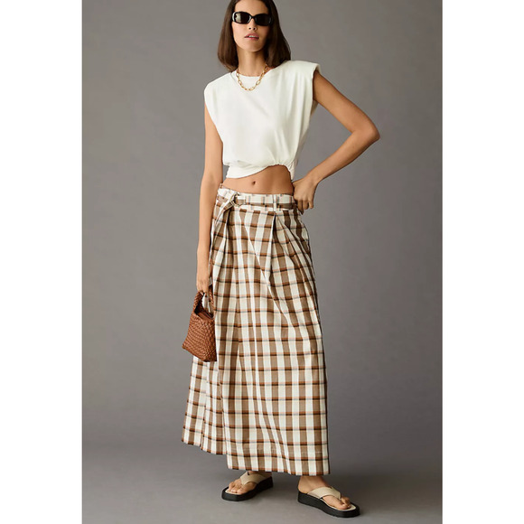 NWT Maeve Pleated A-Line Plaid Maxi Skirt Size 2 Brown Preppy Academia Twee - Picture 1 of 10